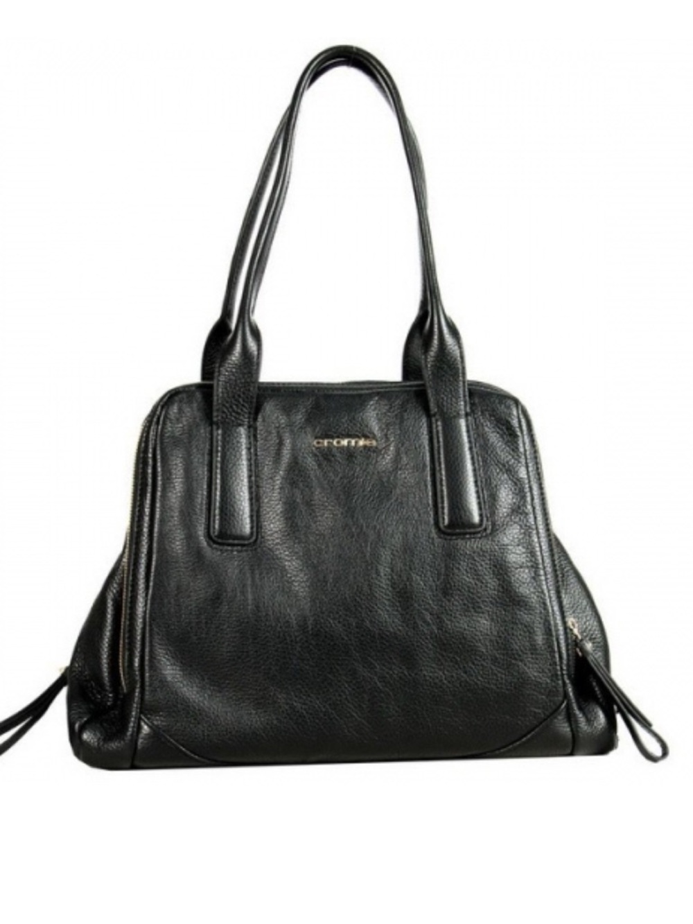 CROMIA Luxury Soft Pebble Leather Black Large Shoulder Bag Purse Zip